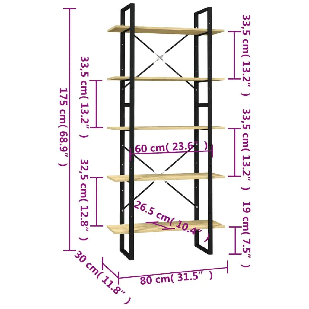 5-Tier Book Cabinet 80x30x175 cm Pinewood 3081993