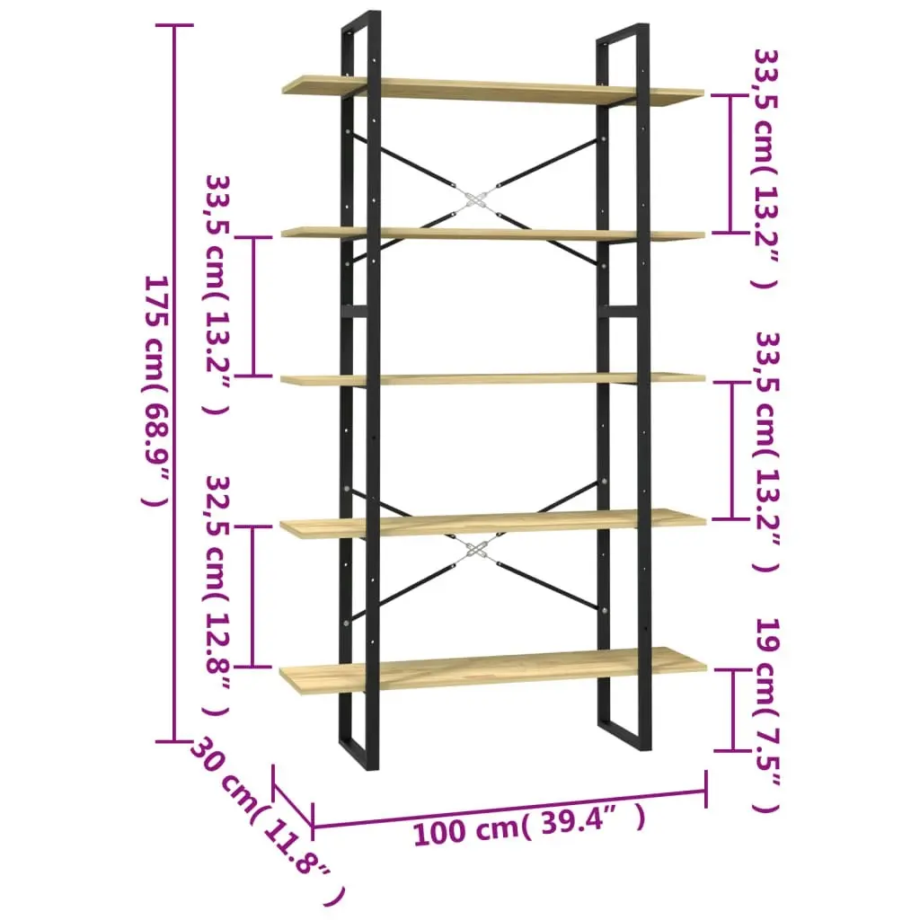 5-Tier Book Cabinet 100x30x175 cm Pinewood 3082003