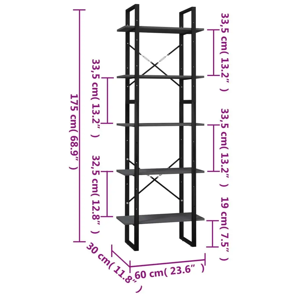 5-Tier Book Cabinet Grey 60x30x175 cm Pinewood 3081985