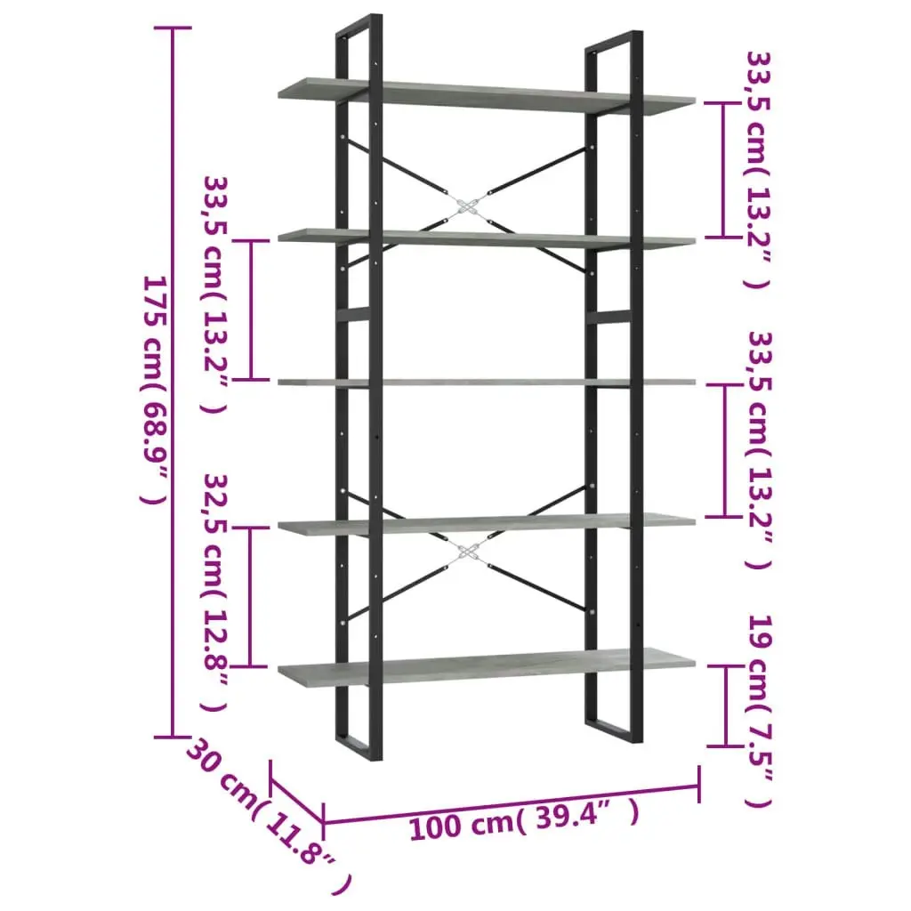 5-Tier Book Cabinet Concrete Grey 100x30x175 cm Engineered Wood 3082002