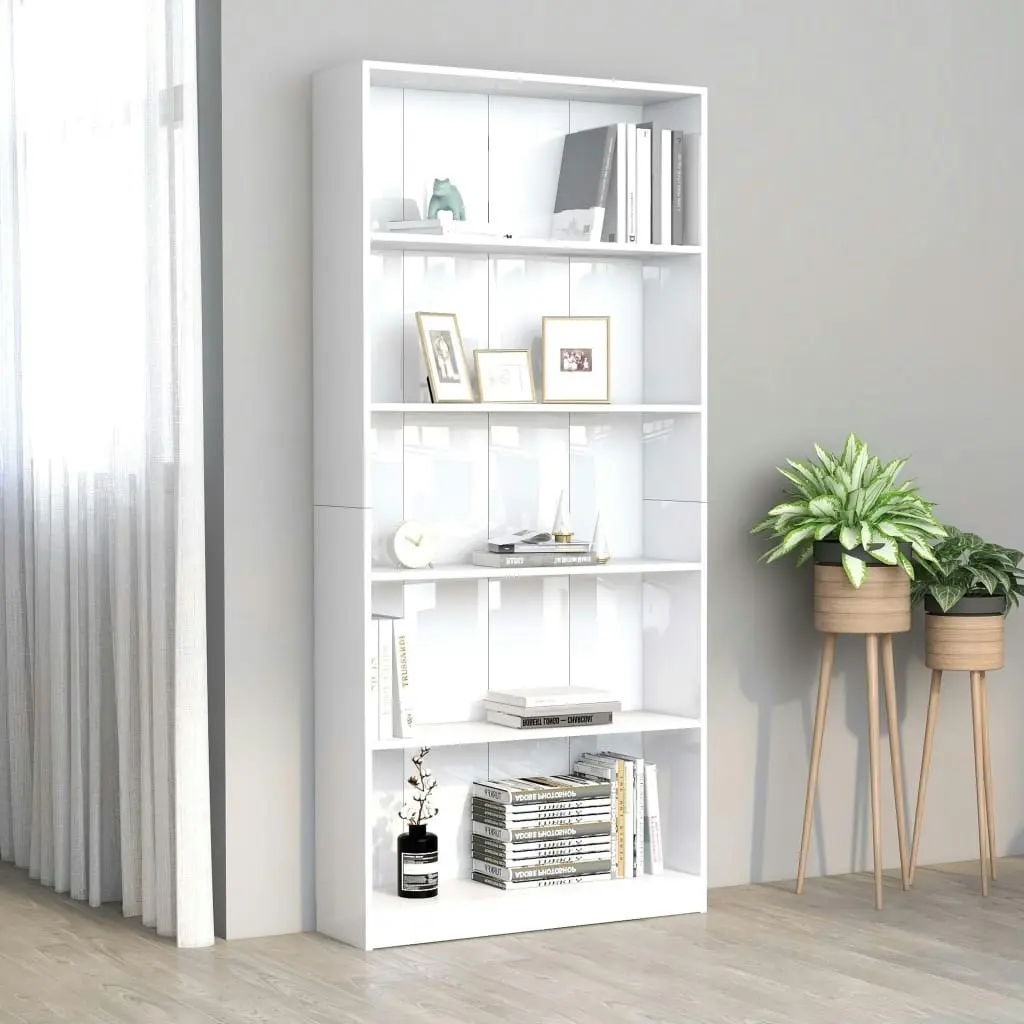 5-Tier Book Cabinet High Gloss White 80x24x175 cm Engineered Wood 800924