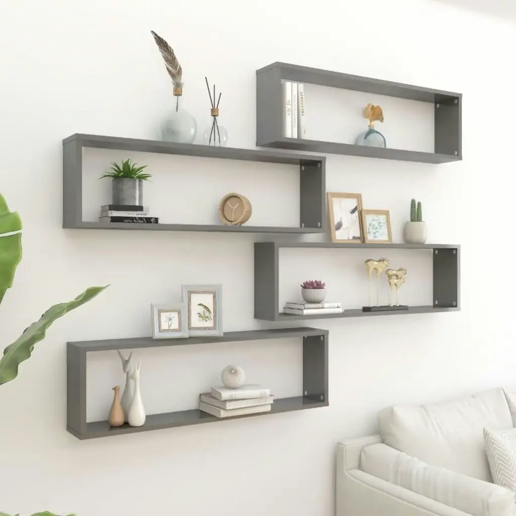 Wall Cube Shelves 4 pcs High Gloss Grey 100x15x30 cm Engineered Wood 807104