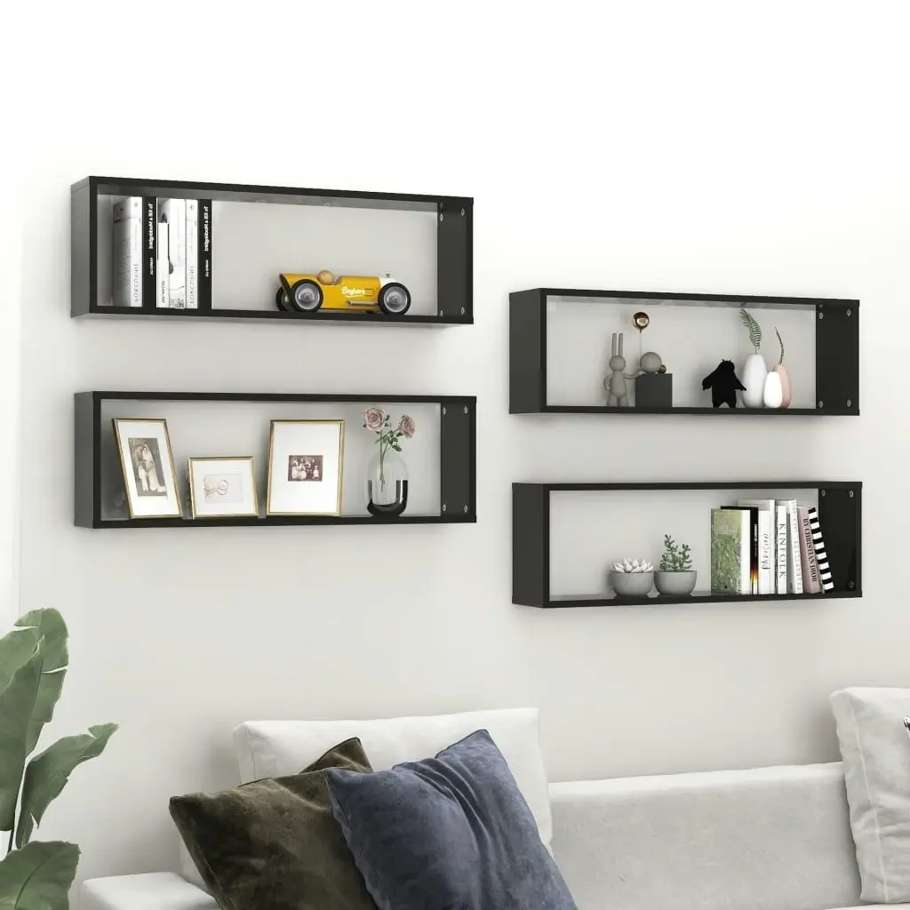 Wall Cube Shelves 4 pcs High Gloss Black 80x15x26.5cm Engineered Wood 807128