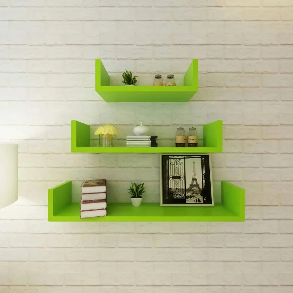 3 Green MDF U-shaped Floating Wall Display Shelves Book/DVD Storage 242177