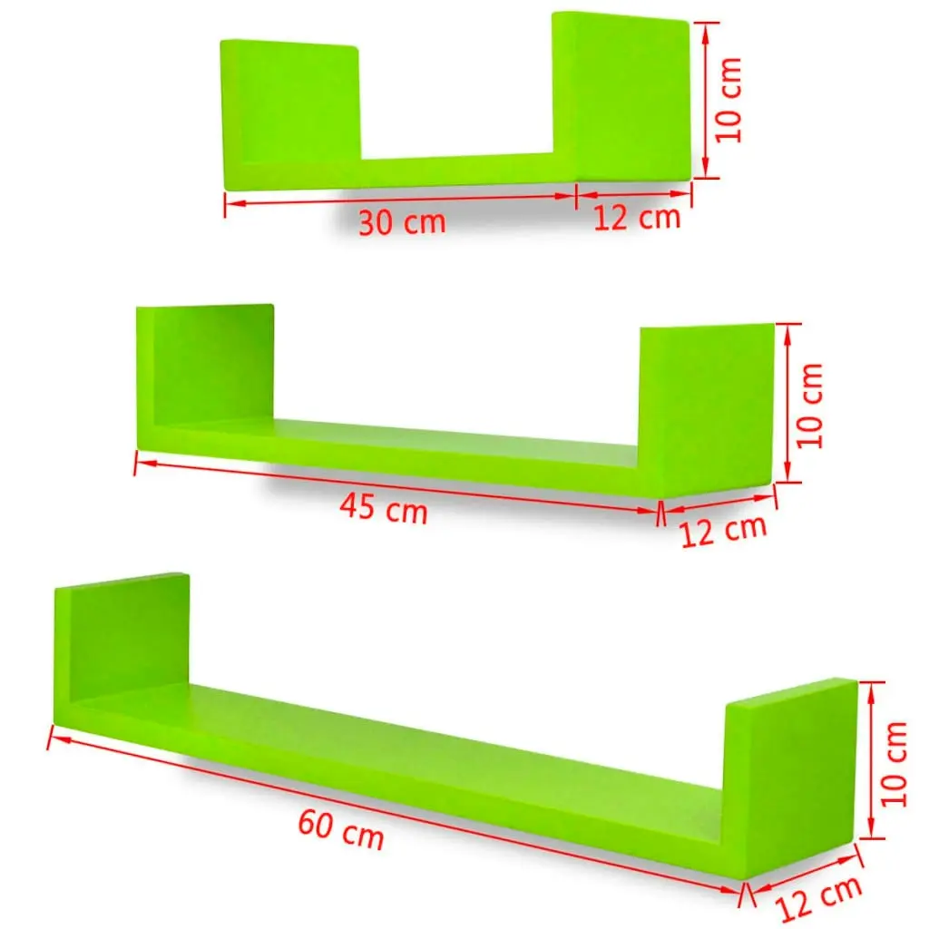 3 Green MDF U-shaped Floating Wall Display Shelves Book/DVD Storage 242177