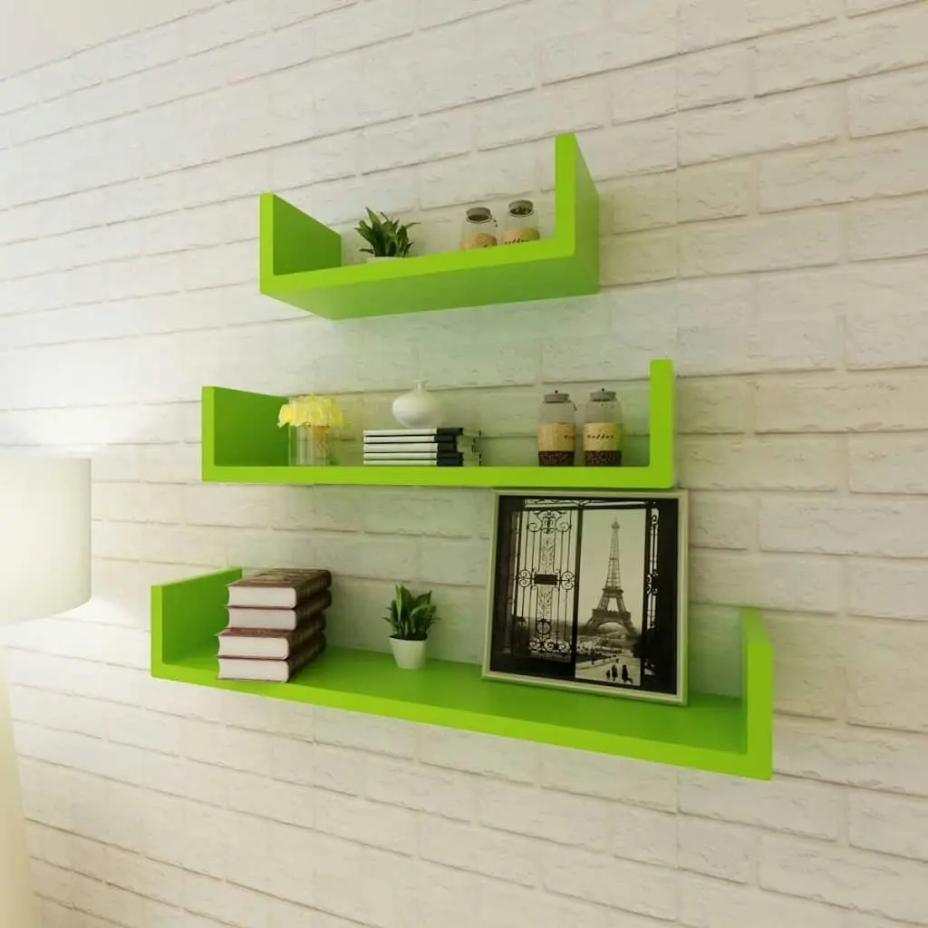 3 Green MDF U-shaped Floating Wall Display Shelves Book/DVD Storage 242177