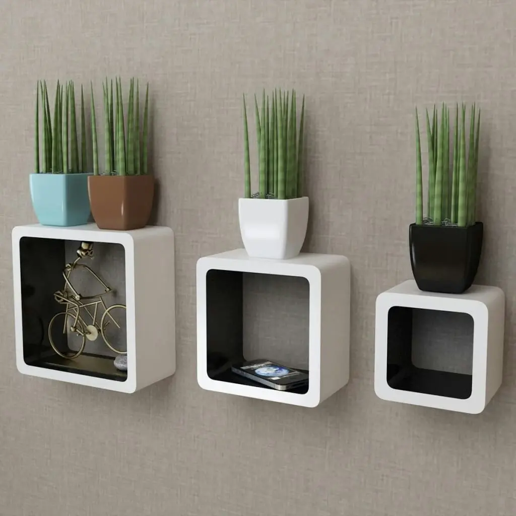 3 White-black MDF Floating Wall Display Shelf Cubes Book/DVD Storage 242169