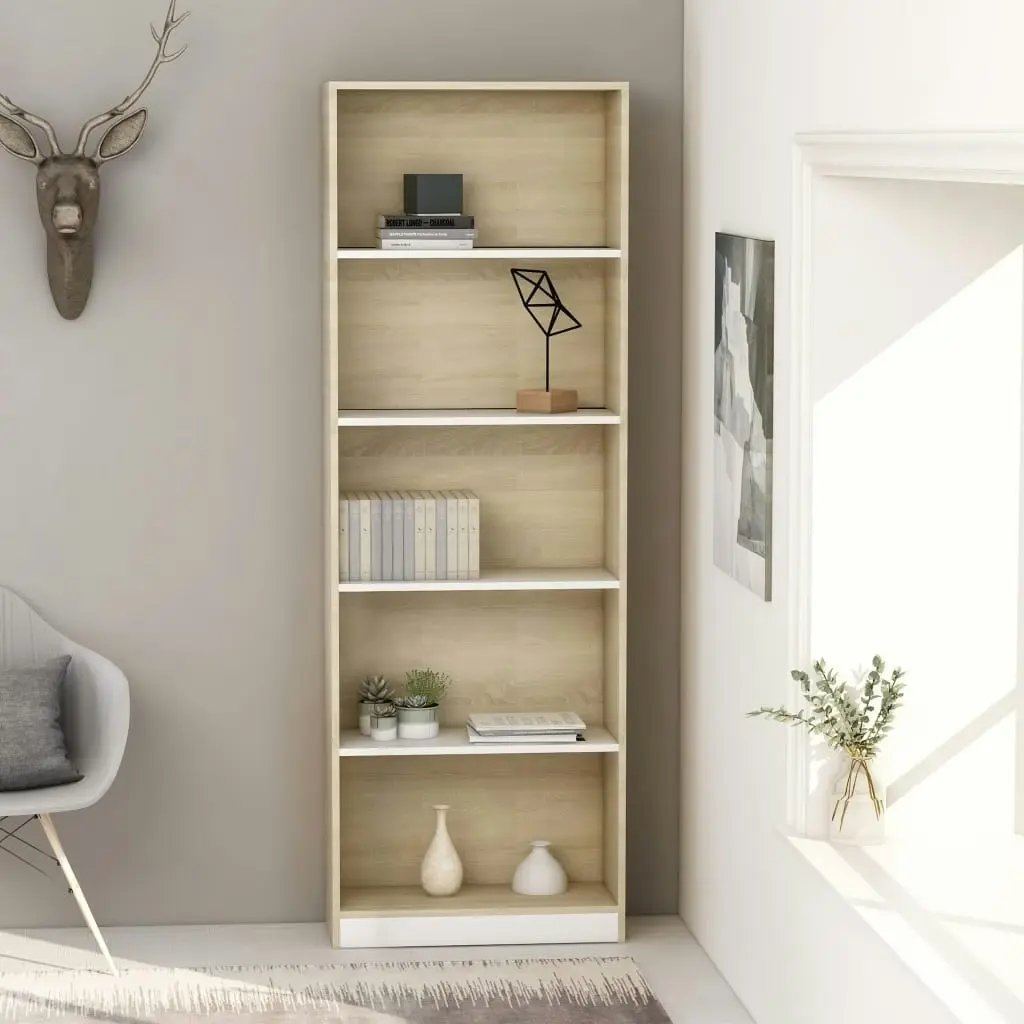 5-Tier Book Cabinet White and Sonoma Oak 60x24x175 cm Engineered Wood 800887