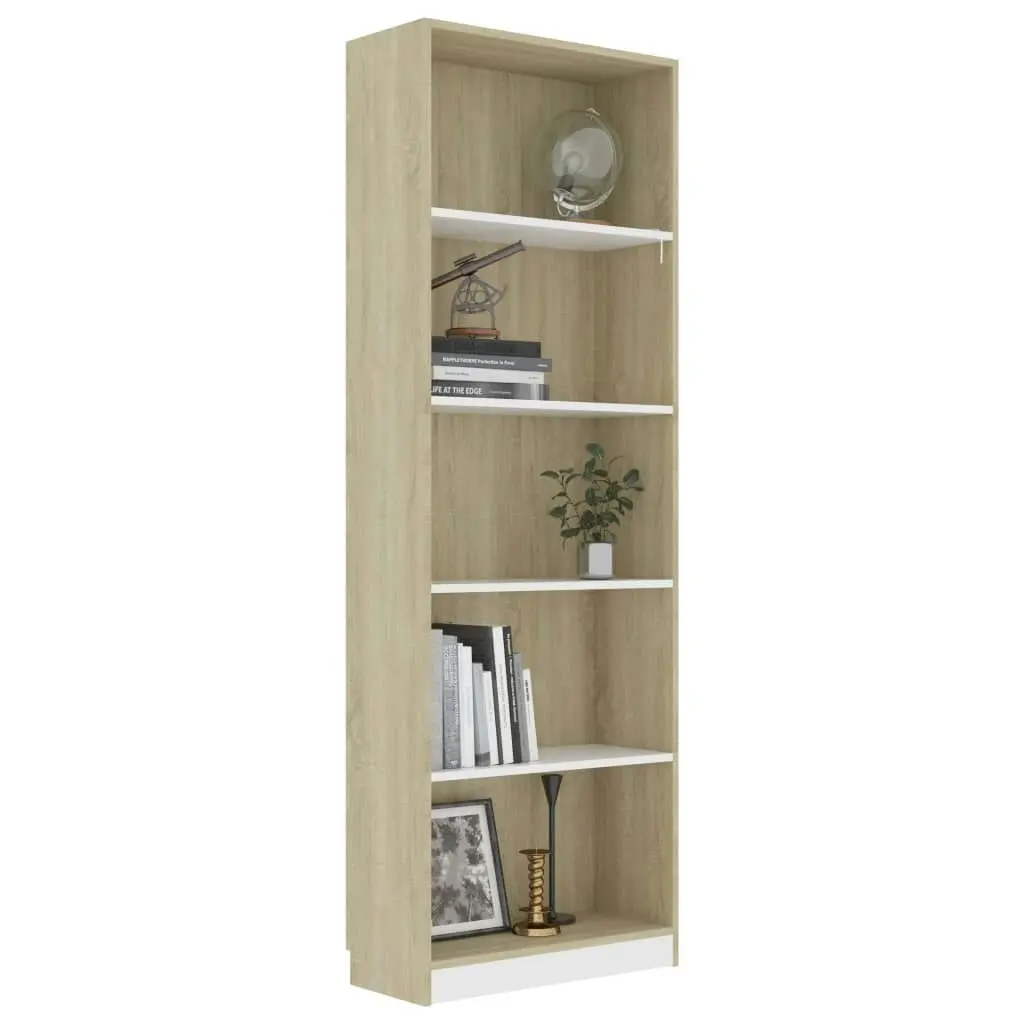 5-Tier Book Cabinet White and Sonoma Oak 60x24x175 cm Engineered Wood 800887