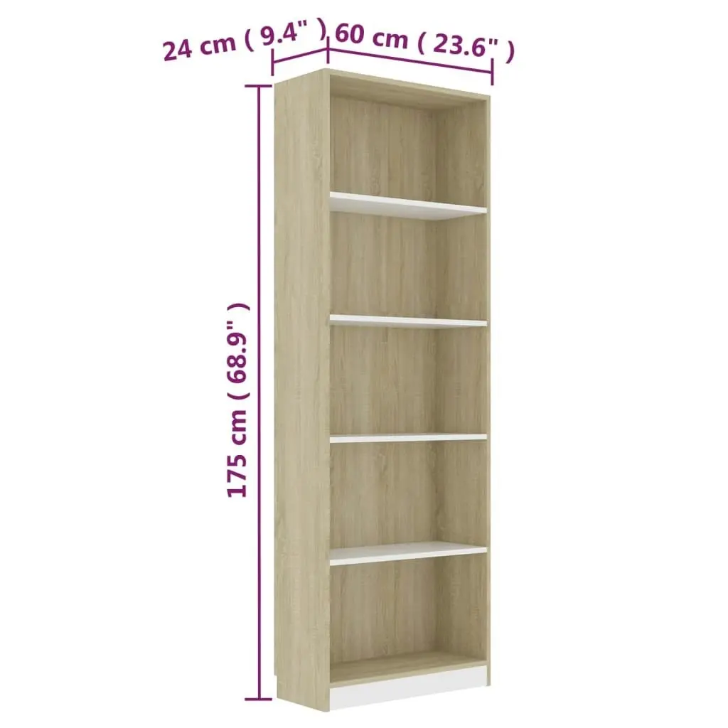 5-Tier Book Cabinet White and Sonoma Oak 60x24x175 cm Engineered Wood 800887