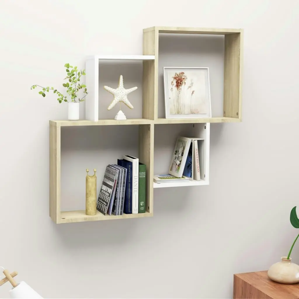 Wall Cube Shelf White and Sonoma Oak 80x15x78.5 cm Engineered Wood 807264