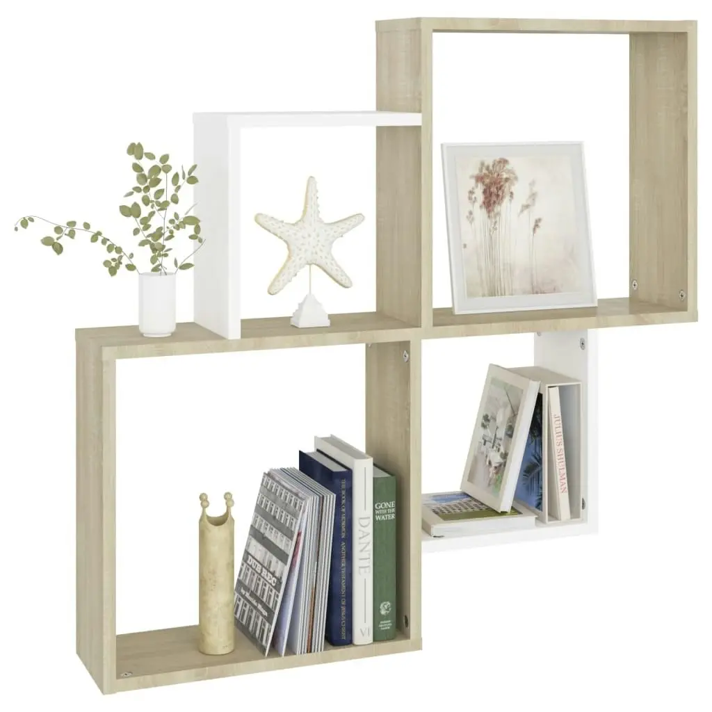 Wall Cube Shelf White and Sonoma Oak 80x15x78.5 cm Engineered Wood 807264