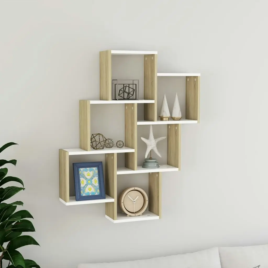 Wall Cube Shelf White and Sonoma Oak 78x15x93 cm Engineered Wood 807174