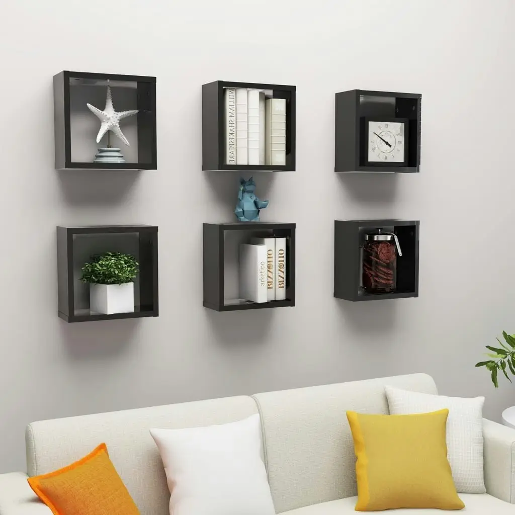 Wall Cube Shelves 6 pcs High Gloss Black 30x15x30 cm 807021