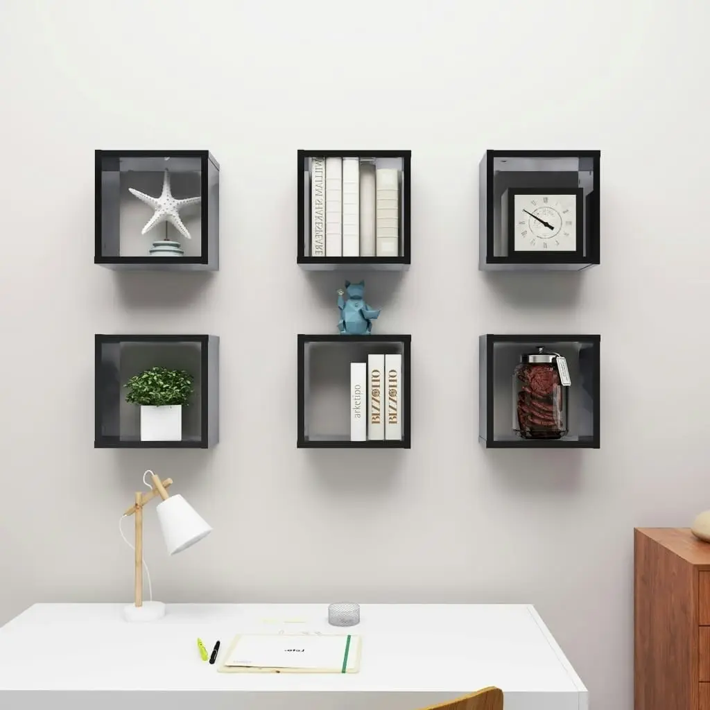 Wall Cube Shelves 6 pcs High Gloss Black 30x15x30 cm 807021