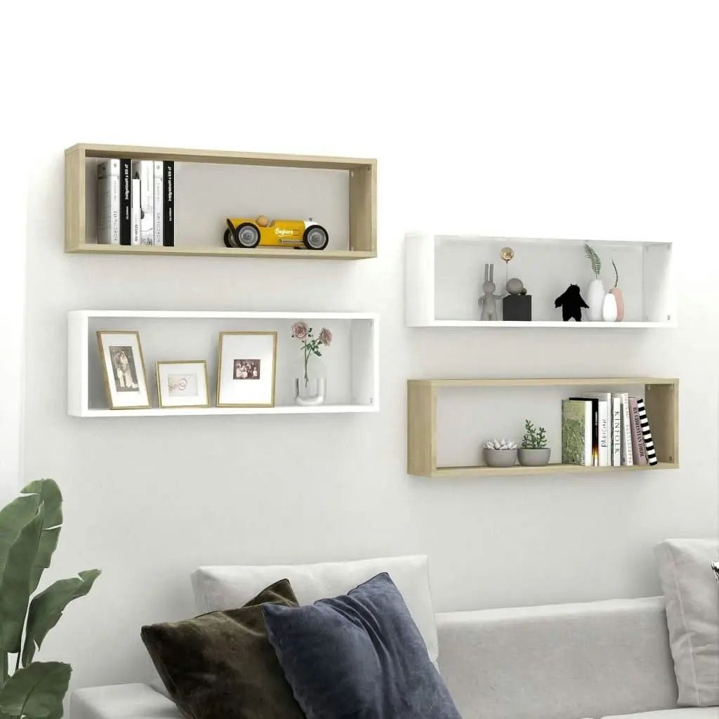 Wall Cube Shelves 4 pcs White&Sonoma Oak 80x15x26.5cm Engineered Wood 807122