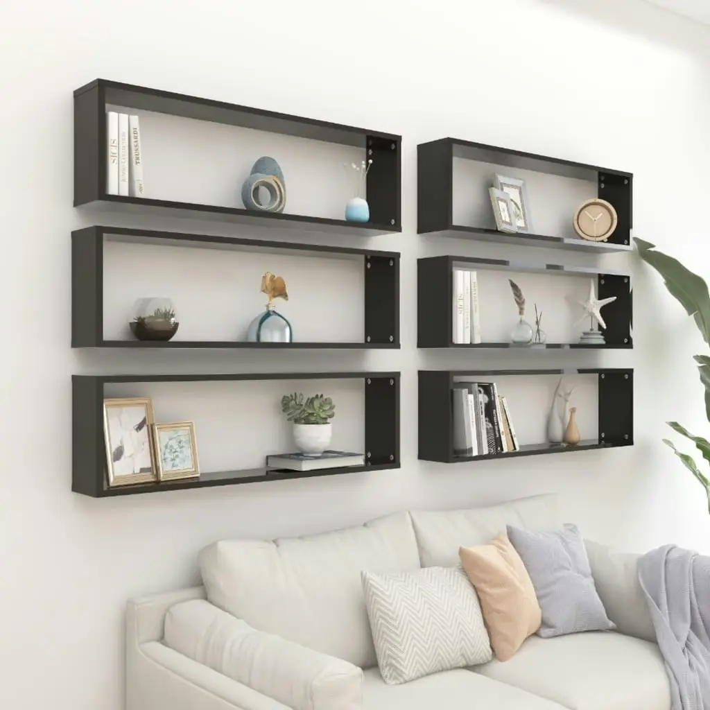 Wall Cube Shelves 6 pcs High Gloss Black 100x15x30 cm Engineered Wood 807102