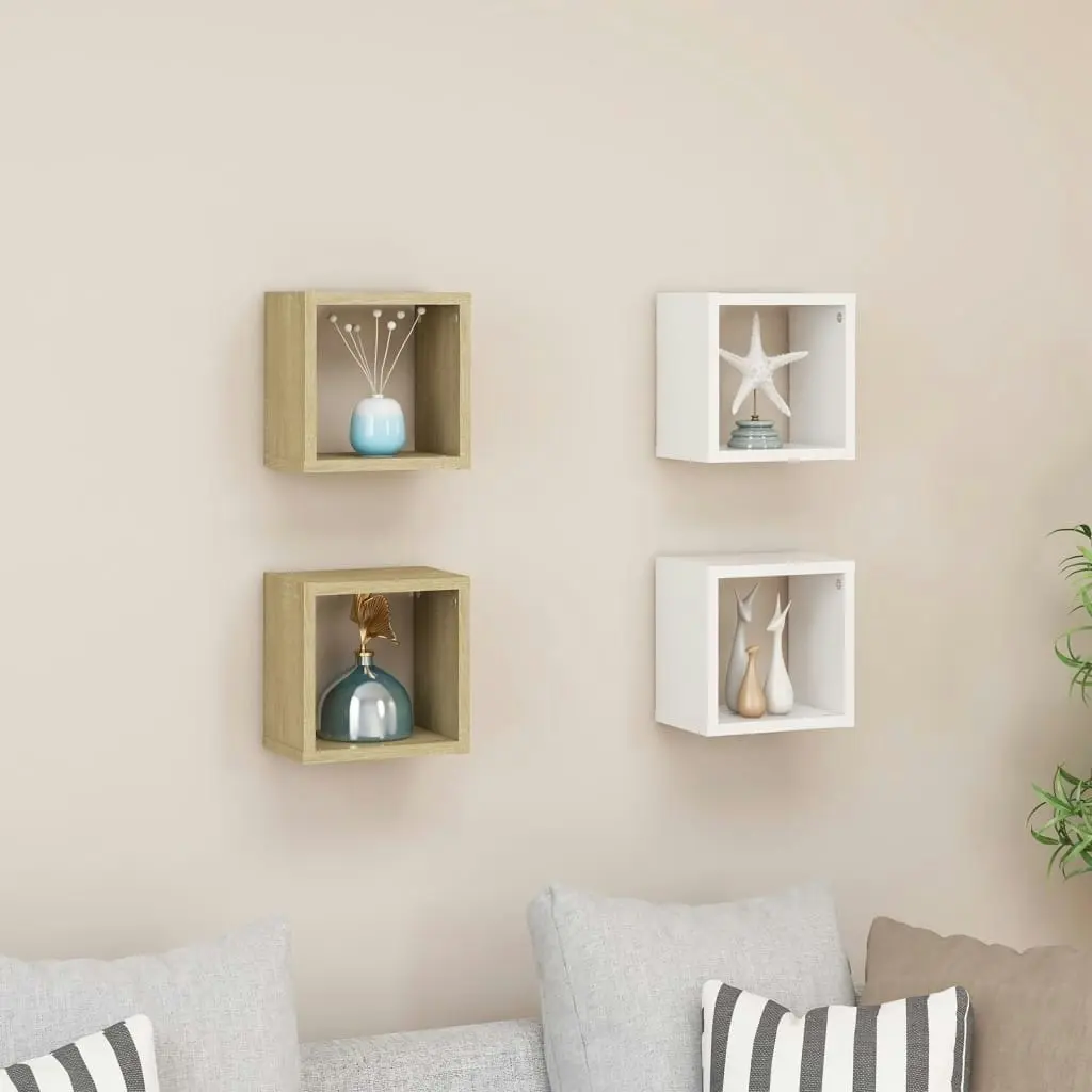 Wall Cube Shelves 4 pcs White and Sonoma Oak 22x15x22 cm 807068