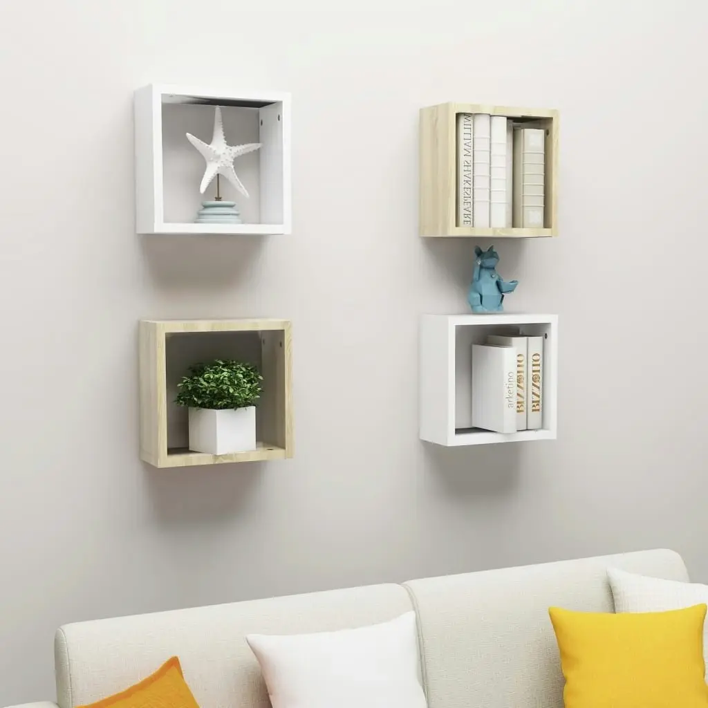 Wall Cube Shelves 4 pcs White and Sonoma Oak 30x15x30 cm 807014