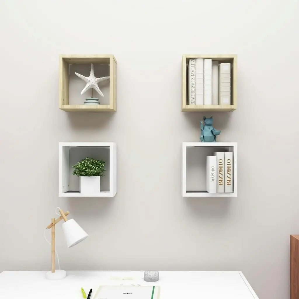 Wall Cube Shelves 4 pcs White and Sonoma Oak 30x15x30 cm 807014