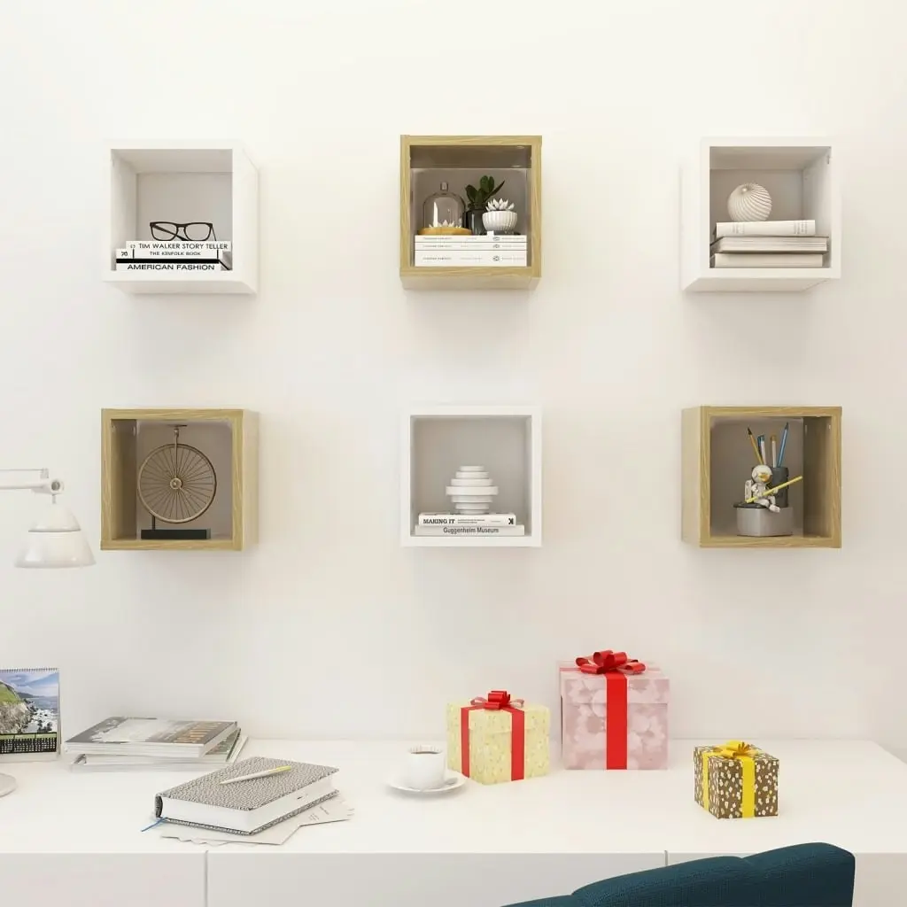 Wall Cube Shelves 6 pcs White and Sonoma Oak 22x15x22 cm 807069