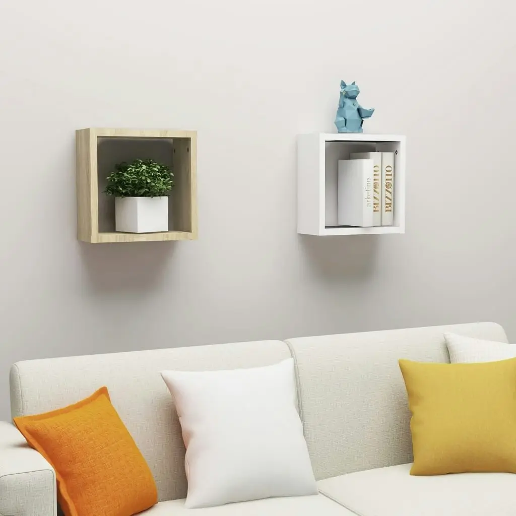 Wall Cube Shelves 2 pcs White and Sonoma Oak 30x15x30 cm 807013