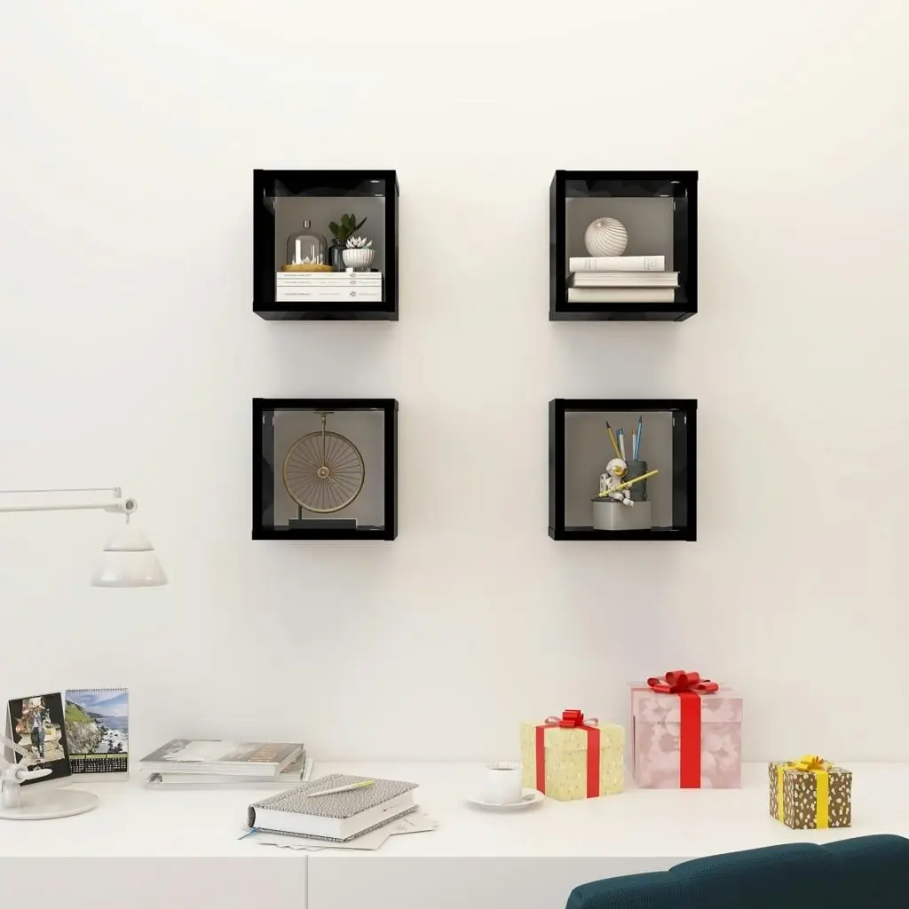 Wall Cube Shelves 4 pcs High Gloss Black 22x15x22 cm 807074