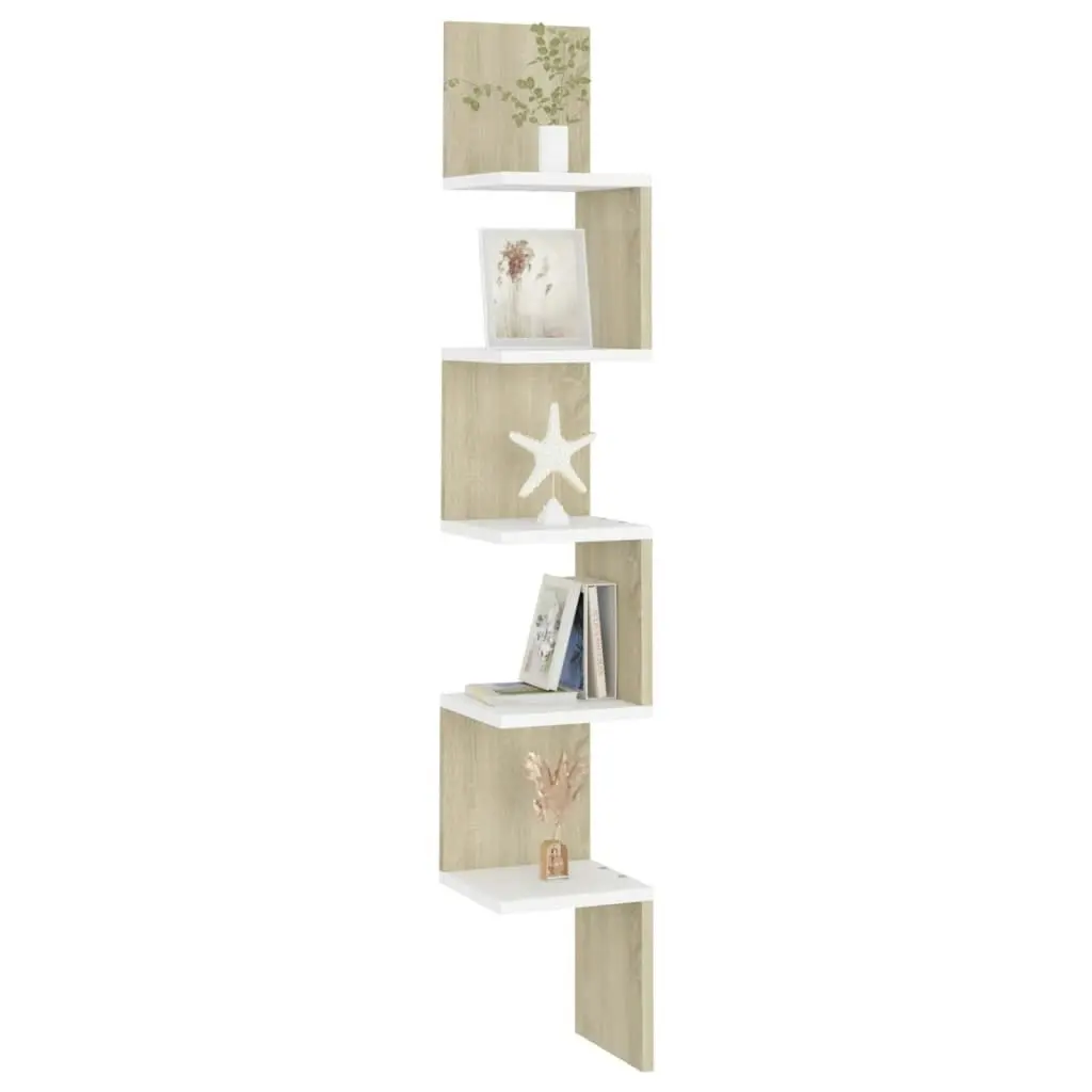 Wall Corner Shelf White and Sonoma Oak 20x20x127.5 cm Engineered Wood 807282