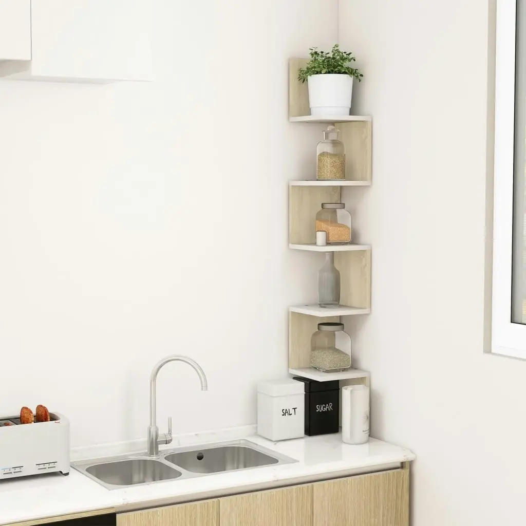 Wall Corner Shelf White and Sonoma Oak 20x20x127.5 cm Engineered Wood 807282