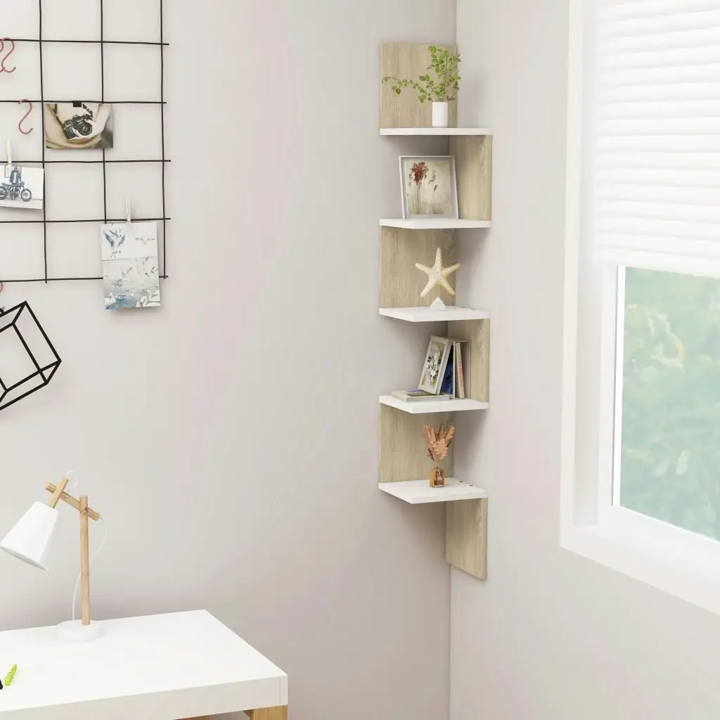 Wall Corner Shelf White and Sonoma Oak 20x20x127.5 cm Engineered Wood 807282