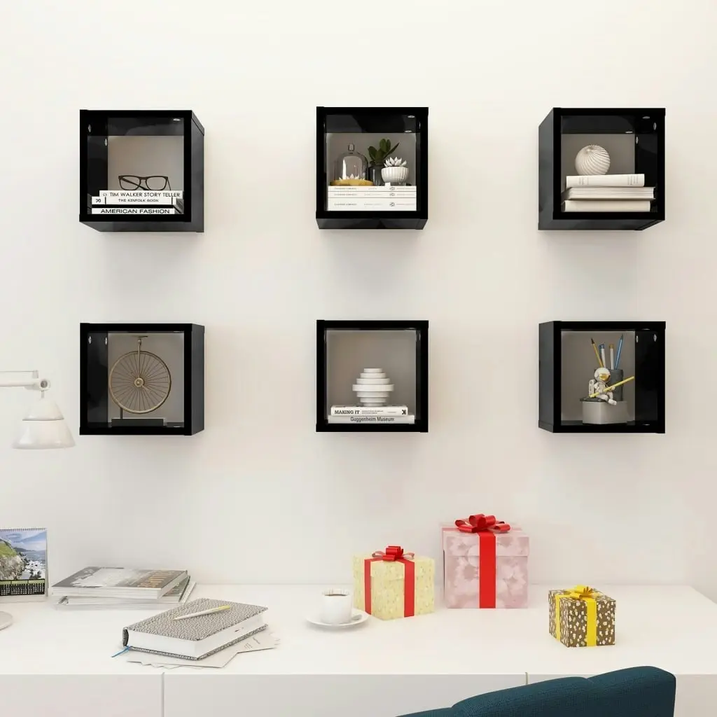 Wall Cube Shelves 6 pcs High Gloss Black 22x15x22 cm 807075