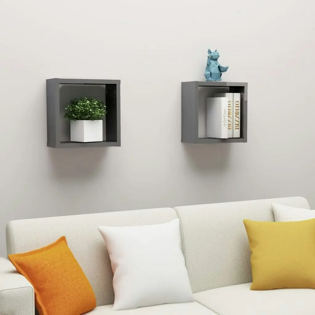 Wall Cube Shelves 2 pcs High Gloss Grey 30x15x30 cm 807022