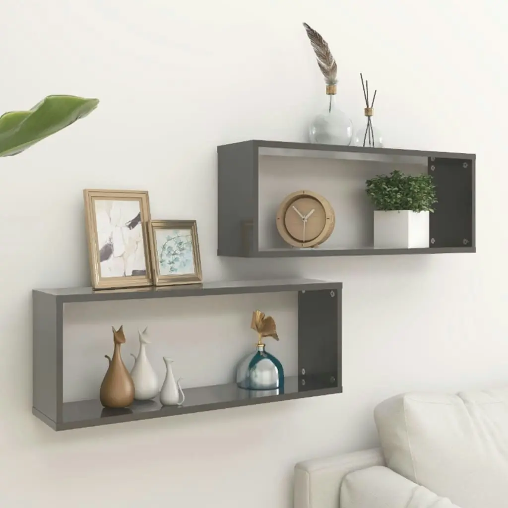 Wall Cube Shelves 2 pcs High Gloss Grey 60x15x23 cm Engineered Wood 807157