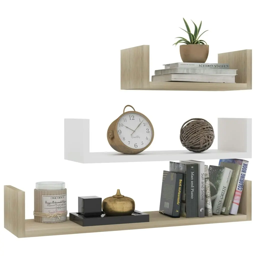 Wall Display Shelf 3 pcs White and Sonoma Oak Engineered Wood 800203