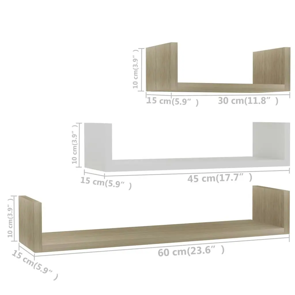 Wall Display Shelf 3 pcs White and Sonoma Oak Engineered Wood 800203