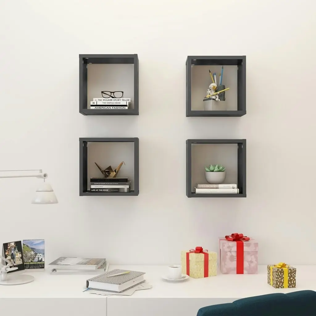 Wall Cube Shelves 4 pcs High Gloss Grey 26x15x26 cm 807050