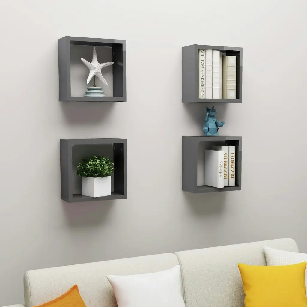 Wall Cube Shelves 4 pcs High Gloss Grey 30x15x30 cm 807023