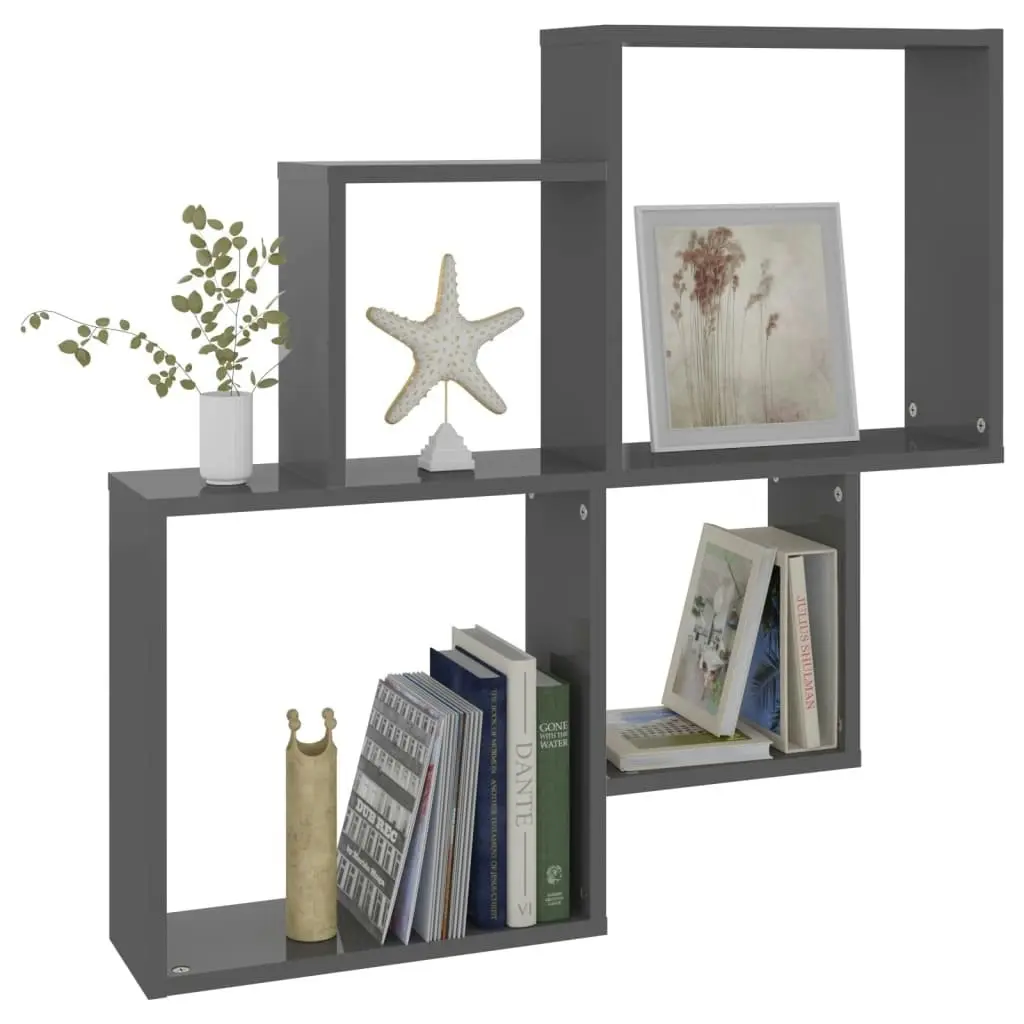 Wall Cube Shelf High Gloss Grey 80x15x78.5 cm Engineered Wood 807267