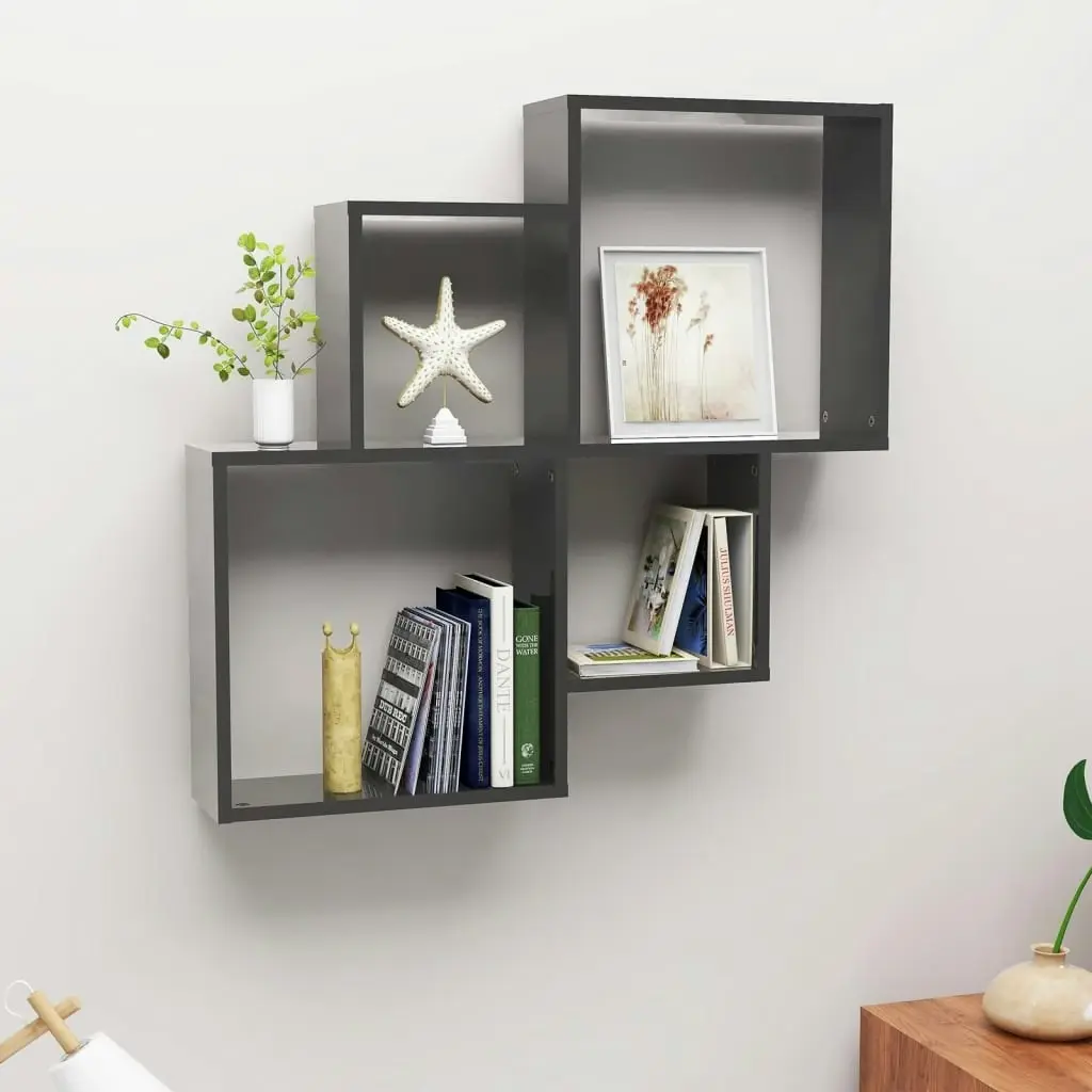 Wall Cube Shelf High Gloss Grey 80x15x78.5 cm Engineered Wood 807267