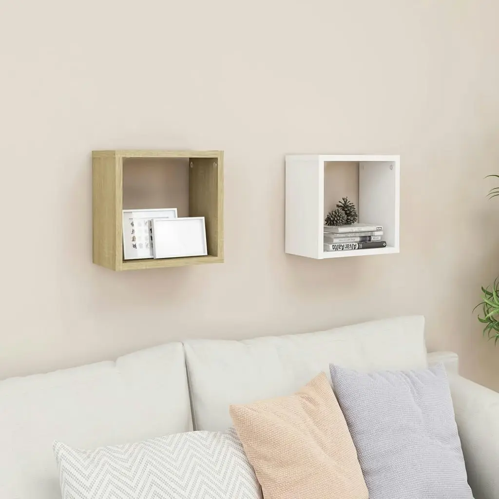 Wall Cube Shelves 2 pcs White and Sonoma Oak 26x15x26 cm 807040