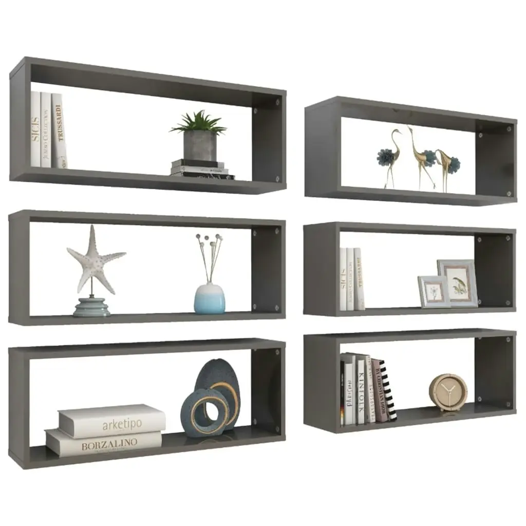 Wall Cube Shelves 6 pcs High Gloss Grey 60x15x23 cm Engineered Wood 807159