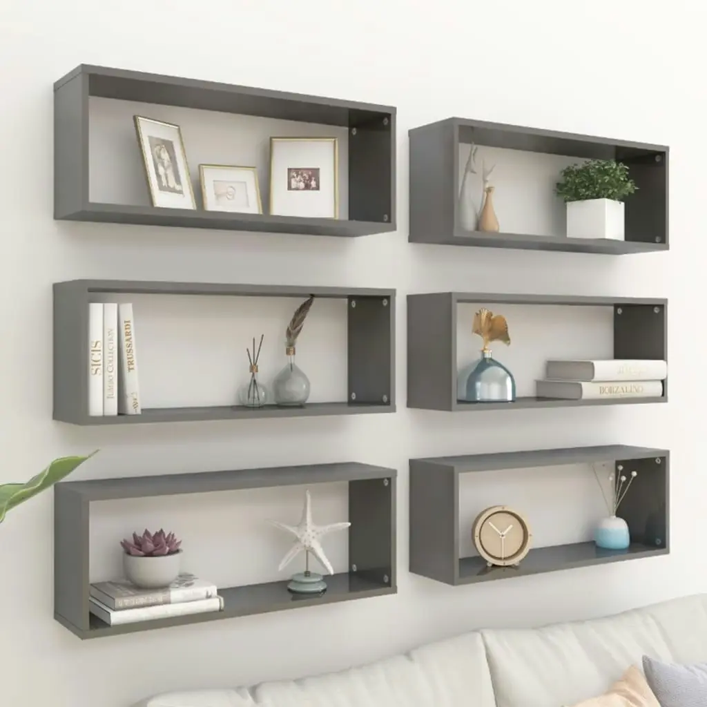 Wall Cube Shelves 6 pcs High Gloss Grey 60x15x23 cm Engineered Wood 807159