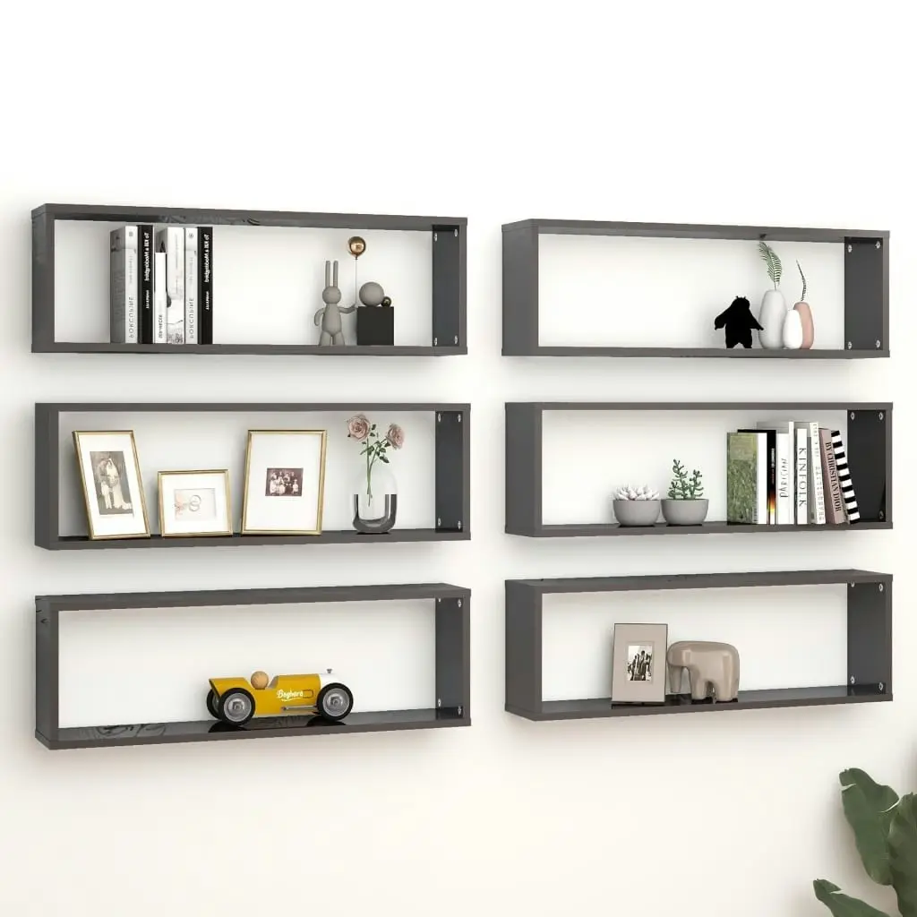 Wall Cube Shelves 6 pcs High Gloss Grey 80x15x26.5 cm Engineered Wood 807132