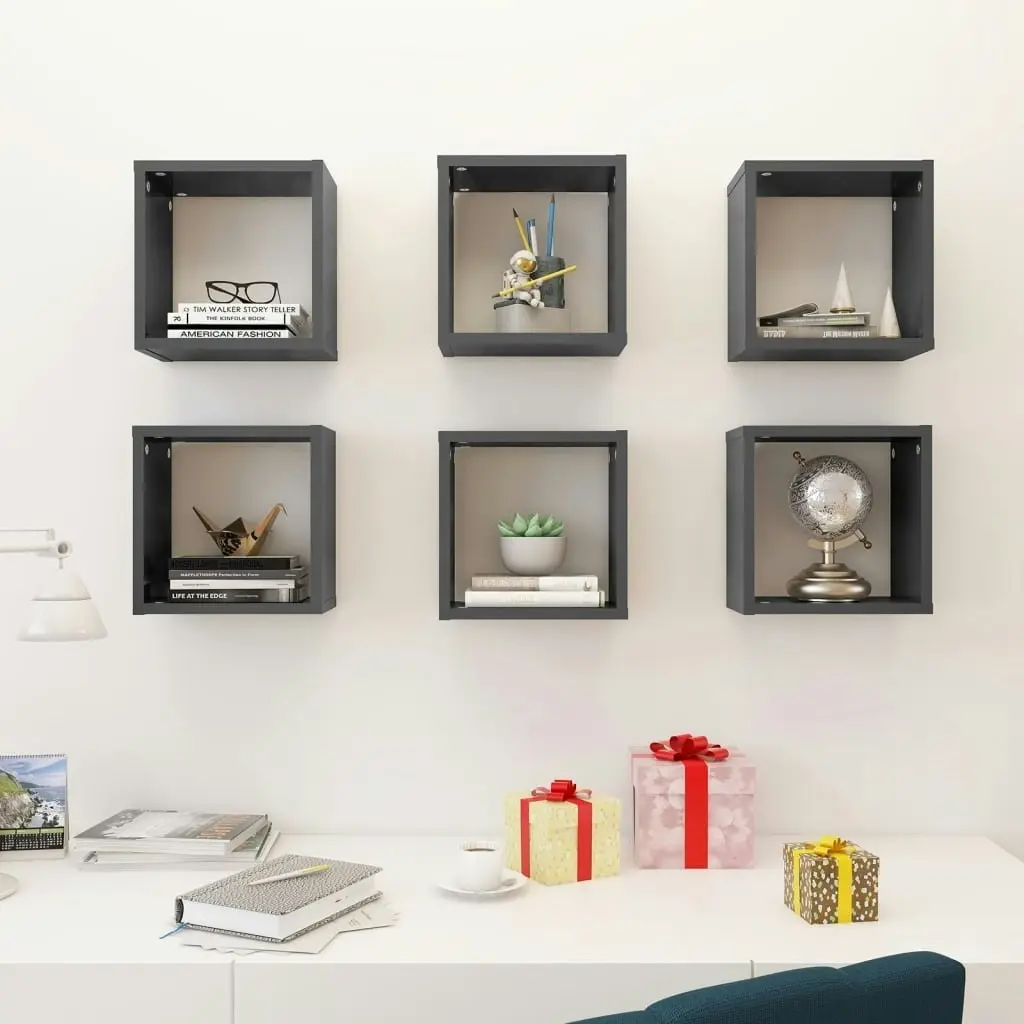 Wall Cube Shelves 6 pcs High Gloss Grey 26x15x26 cm 807051