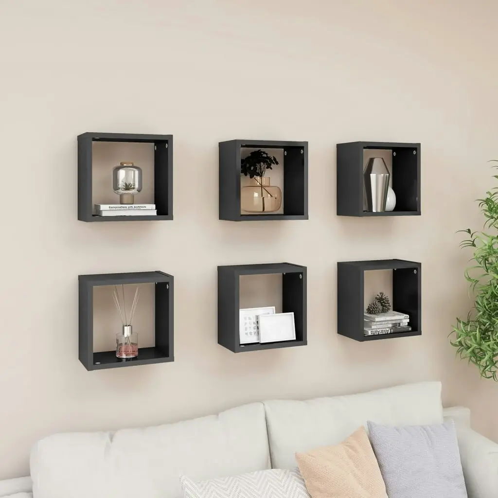 Wall Cube Shelves 6 pcs High Gloss Grey 26x15x26 cm 807051