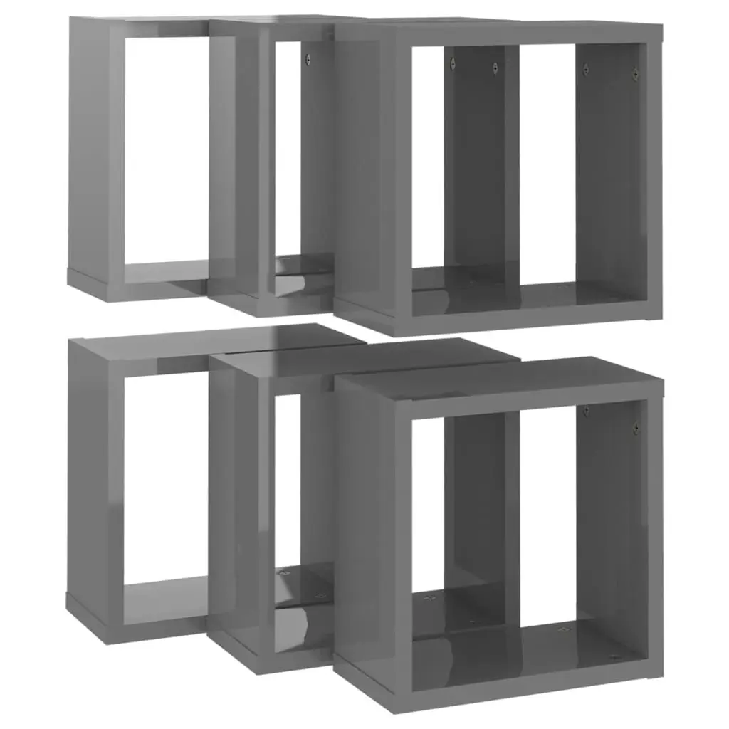 Wall Cube Shelves 6 pcs High Gloss Grey 30x15x30 cm 807024