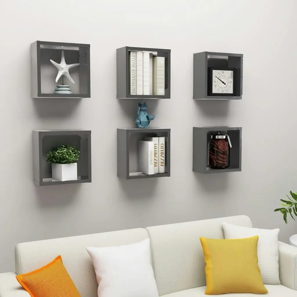 Wall Cube Shelves 6 pcs High Gloss Grey 30x15x30 cm 807024