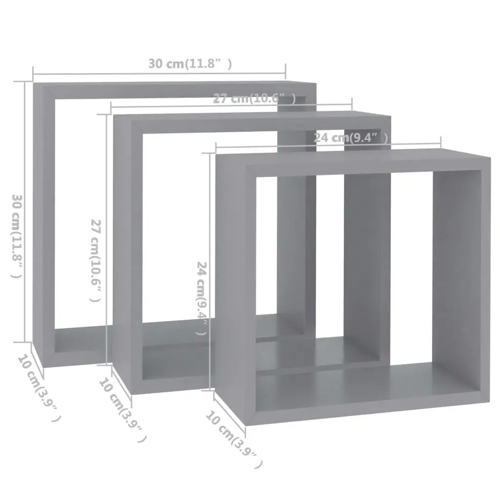 Wall Cube Shelves 3 pcs Grey MDF 323951