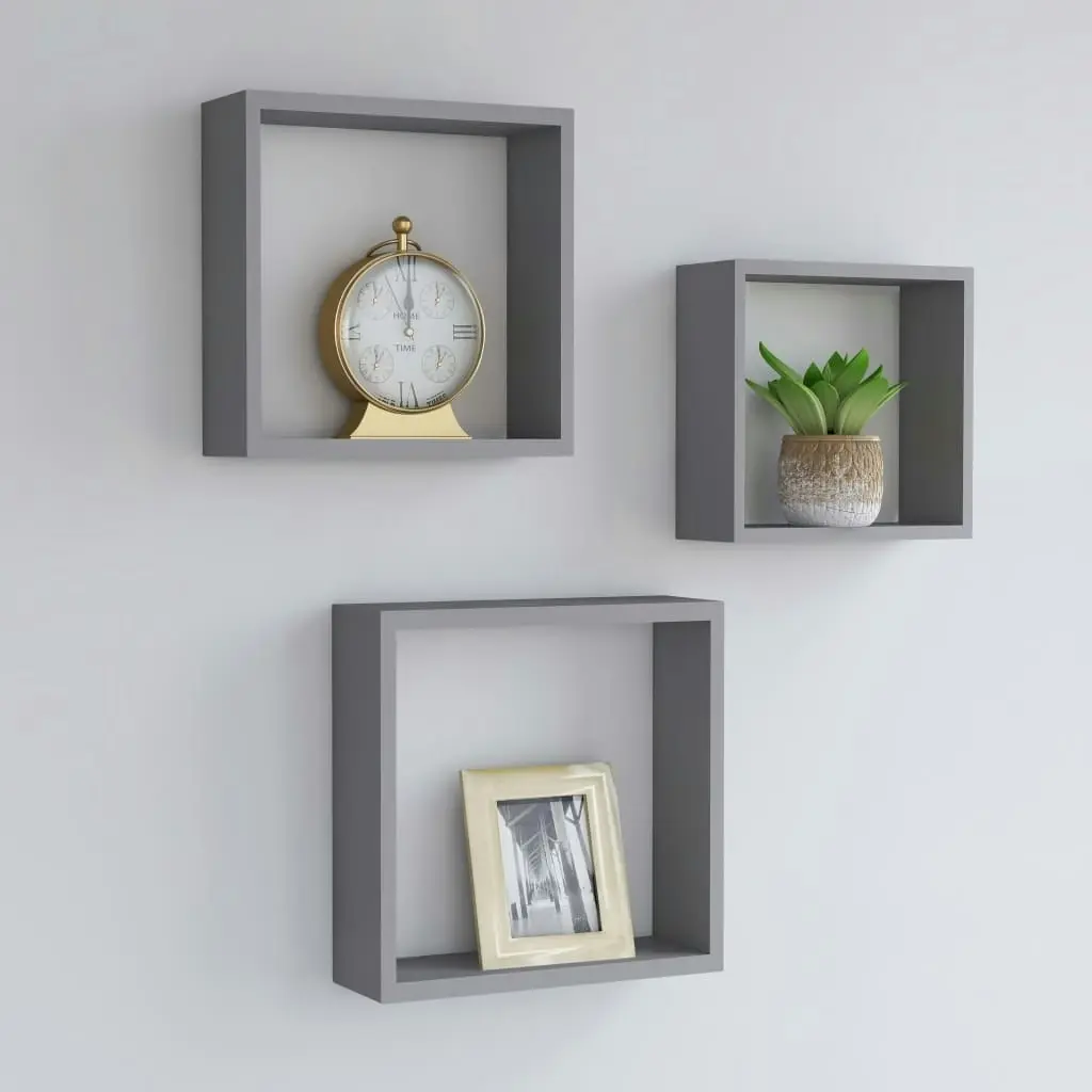 Wall Cube Shelves 3 pcs Grey MDF 323951