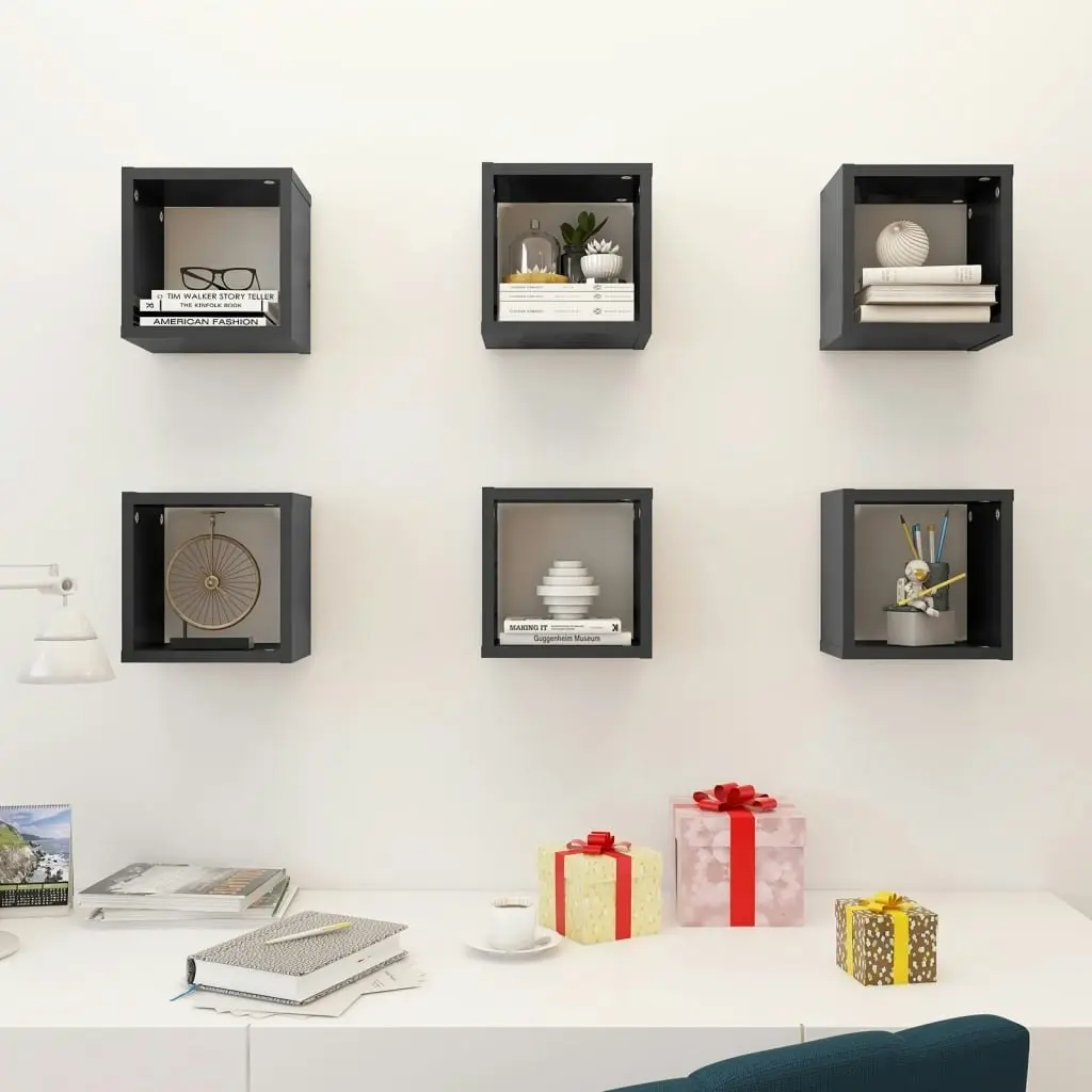 Wall Cube Shelves 6 pcs High Gloss Grey 22x15x22 cm 807078